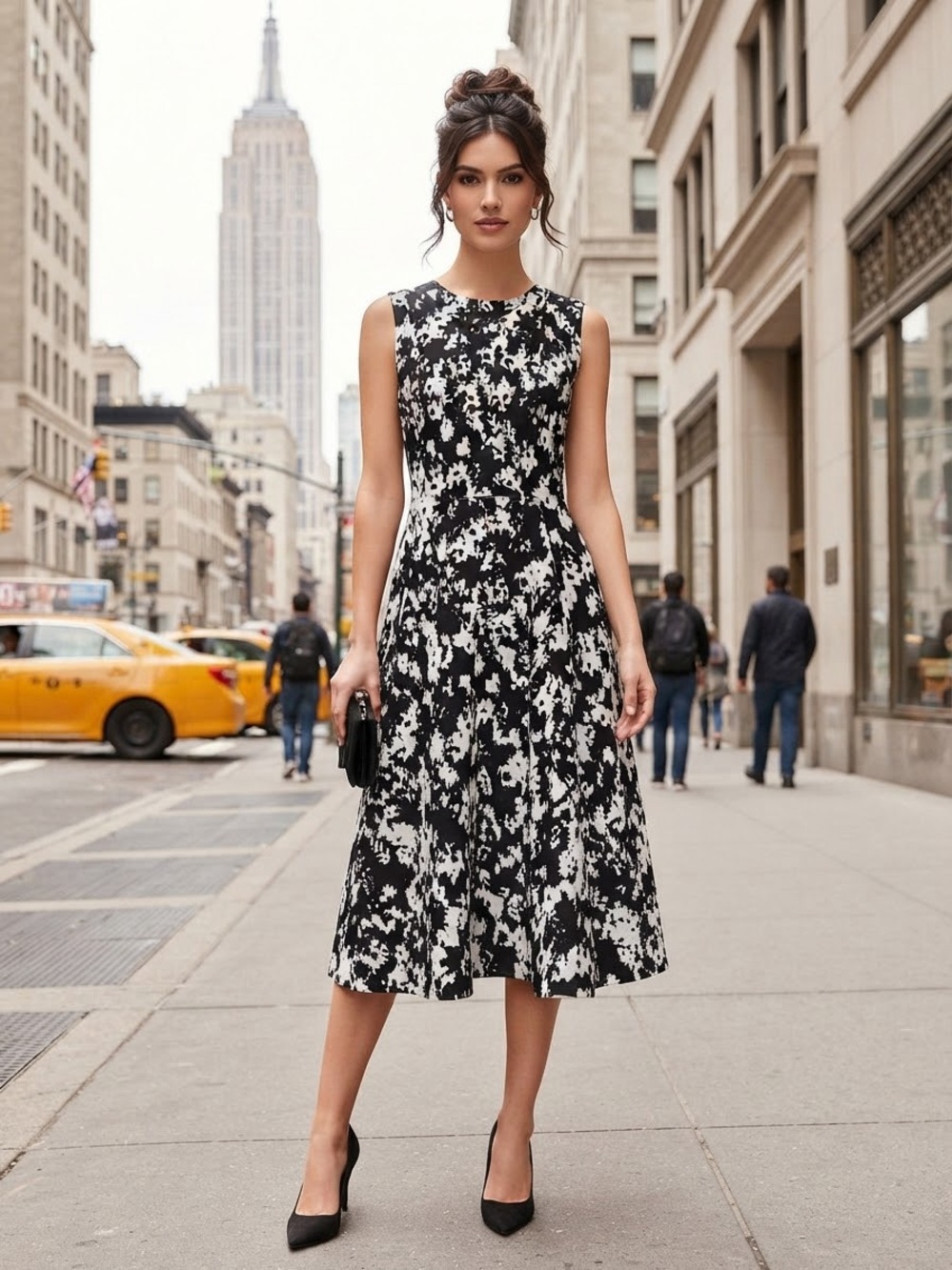 Calvin Klein Black & White Floral Fit-and-Flare Midi Dress